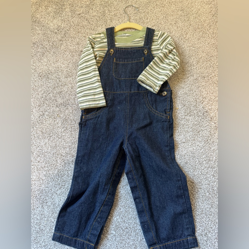 Striped Green Top with Denim Overalls